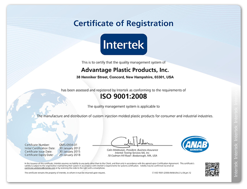 ISO9001 certificate for Advantage Plastic Products